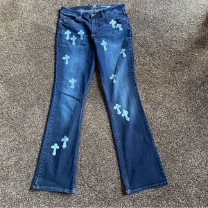 Lee Riders Women’s Painted White Crosses Blue Jeans Size 12L Midrise Bootcut
